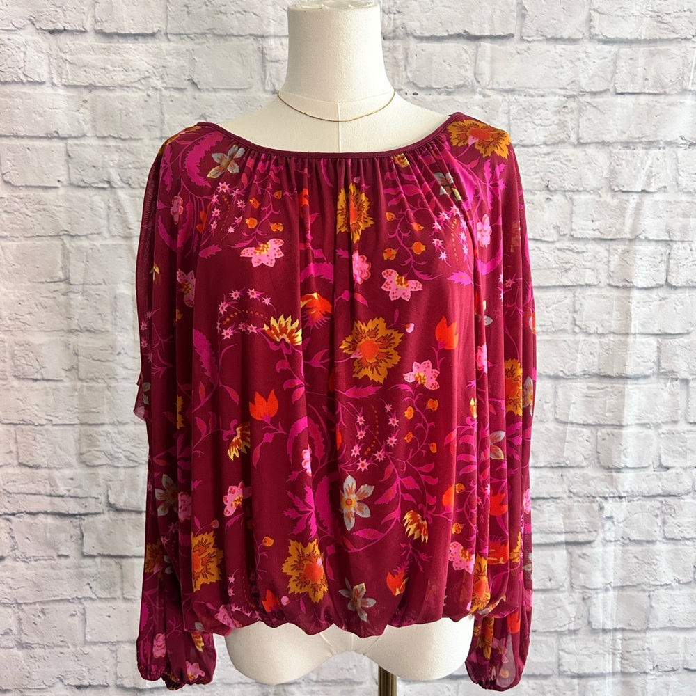 Free People Blouse Peasant Boho Bohemian Floral Raspberry Pink Long Sleeve - Picture 3 of 10